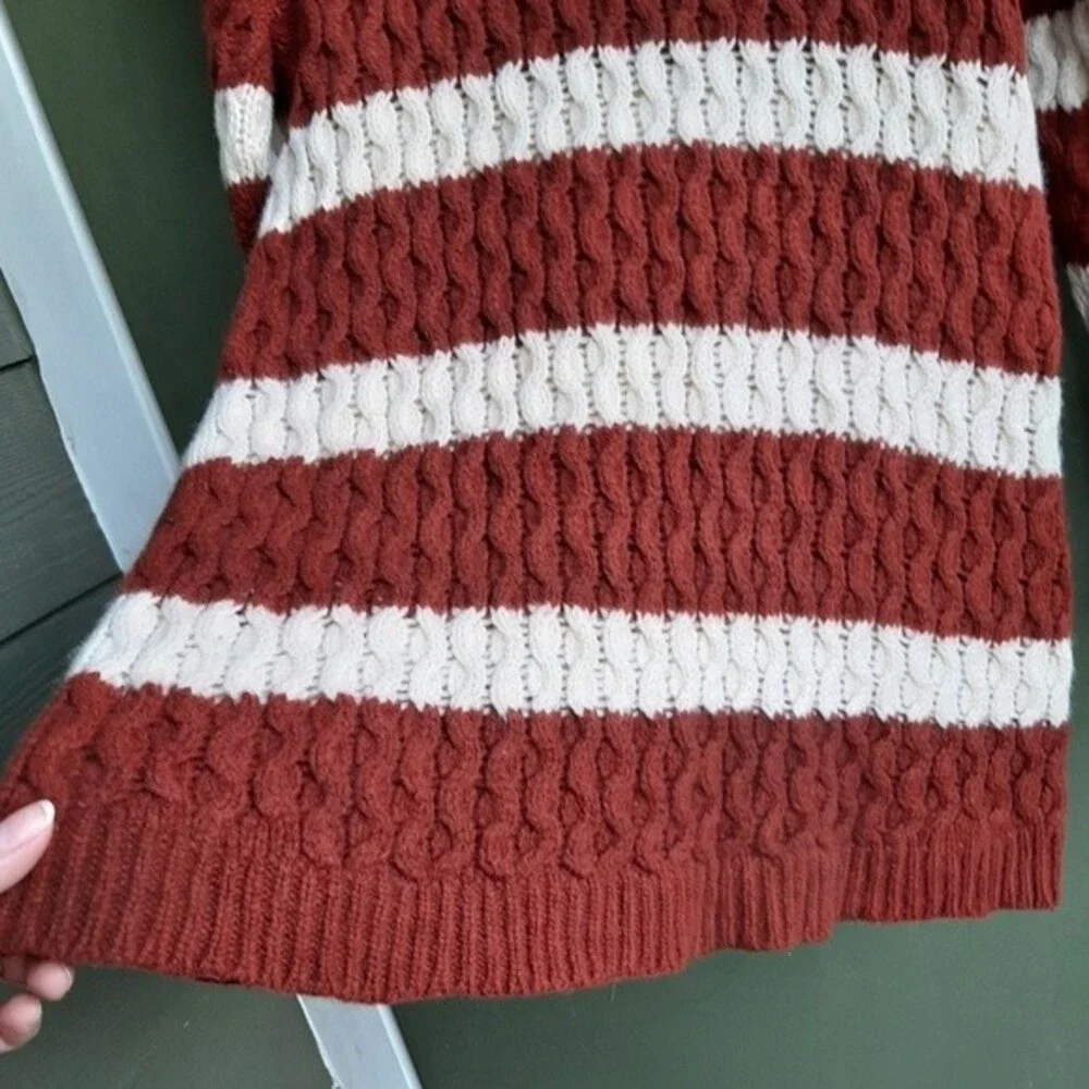 J.Crew 100% Merino Wool Chunky Cable Knit Sweater Small Brown Striped Preppy